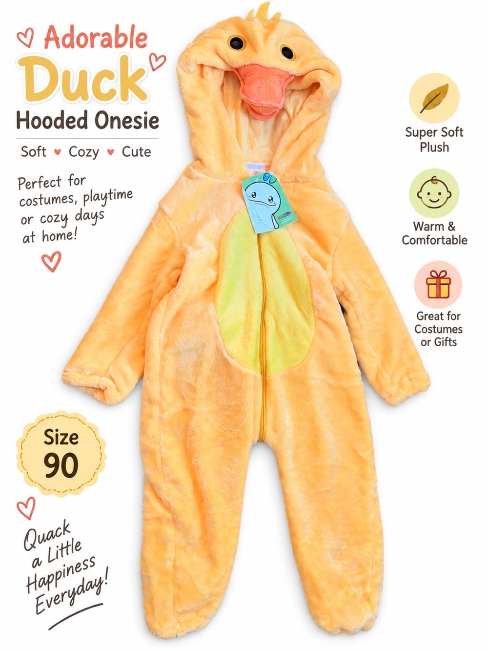 NWT Baby Duck Plush Hooded Onesie Costume Size 90 Yellow Orange Cozy Fleece